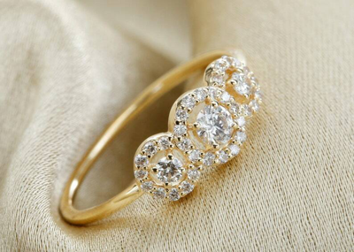 Pre-owned Handmade Three Stone Halo Setting Round Diamond Engagement Ring In 14k Yellow Gold / In White