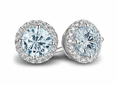 Pre-owned Pucci 1.6 Round Cut Halo Classic Designer Stud Sky Blue Topaz Earrings 14kwhite Gold
