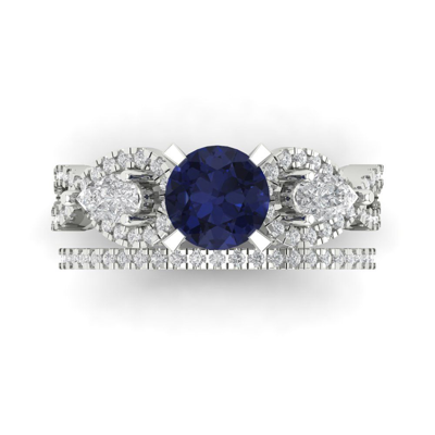 Pre-owned Pucci 2 Ct Round Pear 3 Stone Simulated Blue Sapphire Wedding Ring Set 14k White Gold