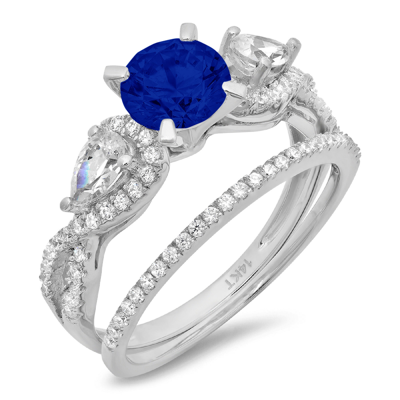Pre-owned Pucci 2 Ct Round Pear 3 Stone Simulated Blue Sapphire Wedding Ring Set 14k White Gold