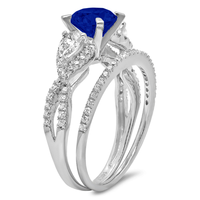 Pre-owned Pucci 2 Ct Round Pear 3 Stone Simulated Blue Sapphire Wedding Ring Set 14k White Gold