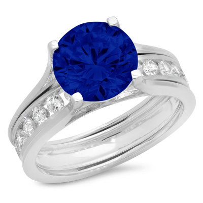 Pre-owned Pucci 2.89 Ct Round Simulated Blue Sapphire Wedding Ring Set Sliding 14k White Gold