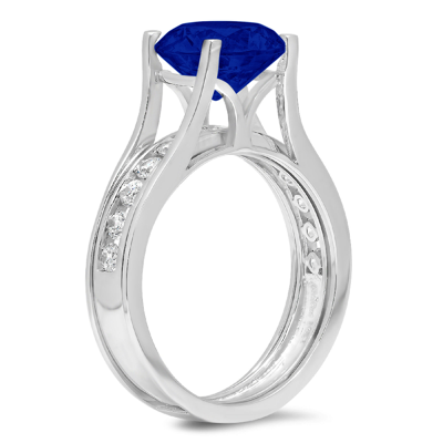 Pre-owned Pucci 2.89 Ct Round Simulated Blue Sapphire Wedding Ring Set Sliding 14k White Gold