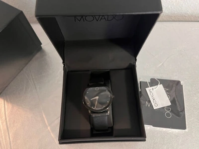 Pre-owned Movado Mens Black Sapphire, Leather Strap Swiss Museum Watch