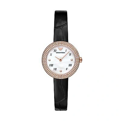 Pre-owned Emporio Armani Womens Wristwatch  Rosa Ar11356 Leather Black Gold Rose Swarovski