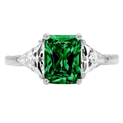 Pre-owned Pucci 3 Emerald Trillion 3stone Lab Created Emerald Classic Ring Solid 14k White Gold In Green