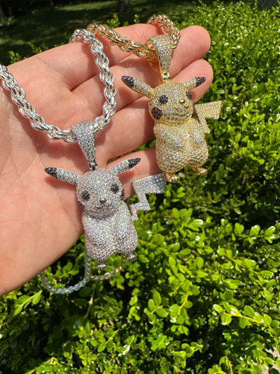 Pre-owned Harlembling Moissanite Real 925 Silver/gold Plated Iced Pickachu Pokemon Pendant Necklace In White
