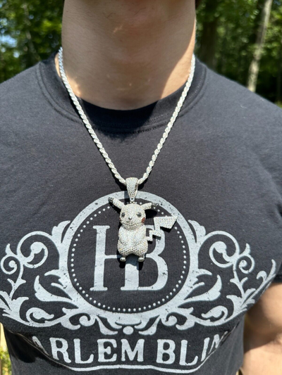 Pre-owned Harlembling Moissanite Real 925 Silver/gold Plated Iced Pickachu Pokemon Pendant Necklace In White