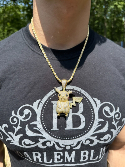 Pre-owned Harlembling Moissanite Real 925 Silver/gold Plated Iced Pickachu Pokemon Pendant Necklace In White