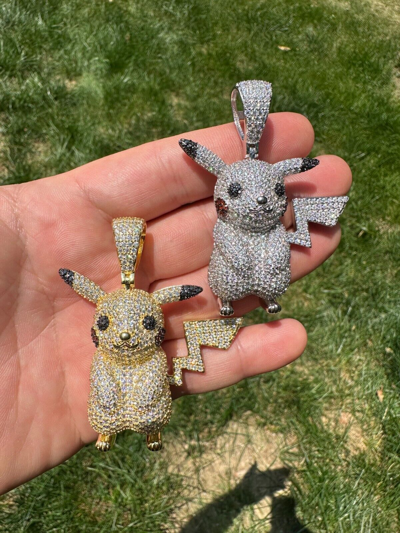 Pre-owned Harlembling Moissanite Real 925 Silver/gold Plated Iced Pickachu Pokemon Pendant Necklace In White