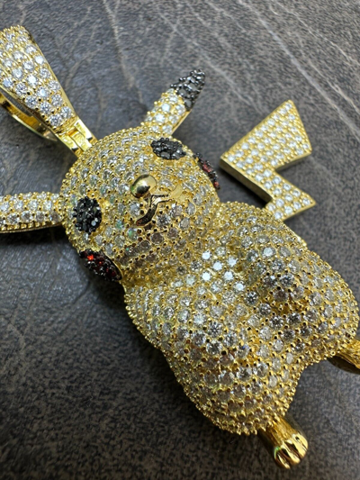 Pre-owned Harlembling Moissanite Real 925 Silver/gold Plated Iced Pickachu Pokemon Pendant Necklace In White