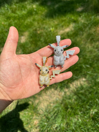 Pre-owned Harlembling Moissanite Real 925 Silver/gold Plated Iced Pickachu Pokemon Pendant Necklace In White