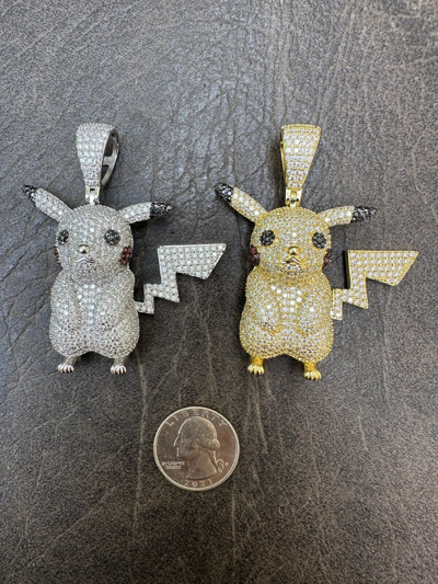 Pre-owned Harlembling Moissanite Real 925 Silver/gold Plated Iced Pickachu Pokemon Pendant Necklace In White