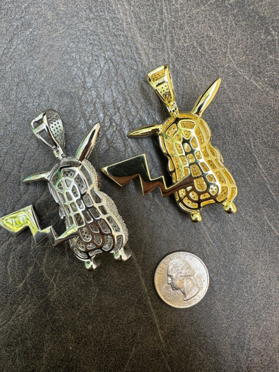 Pre-owned Harlembling Moissanite Real 925 Silver/gold Plated Iced Pickachu Pokemon Pendant Necklace In White