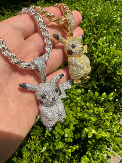 Pre-owned Harlembling Moissanite Real 925 Silver/gold Plated Iced Pickachu Pokemon Pendant Necklace In White