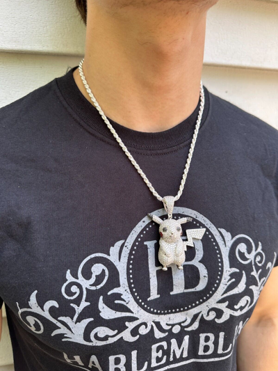 Pre-owned Harlembling Moissanite Real 925 Silver/gold Plated Iced Pickachu Pokemon Pendant Necklace In White