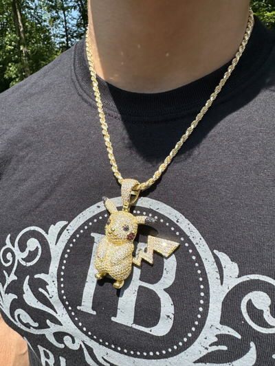 Pre-owned Harlembling Moissanite Real 925 Silver/gold Plated Iced Pickachu Pokemon Pendant Necklace In White