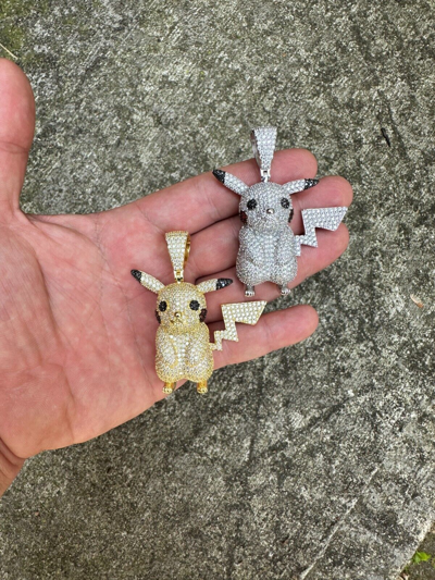 Pre-owned Harlembling Moissanite Real 925 Silver/gold Plated Iced Pickachu Pokemon Pendant Necklace In White