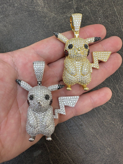 Pre-owned Harlembling Moissanite Real 925 Silver/gold Plated Iced Pickachu Pokemon Pendant Necklace In White