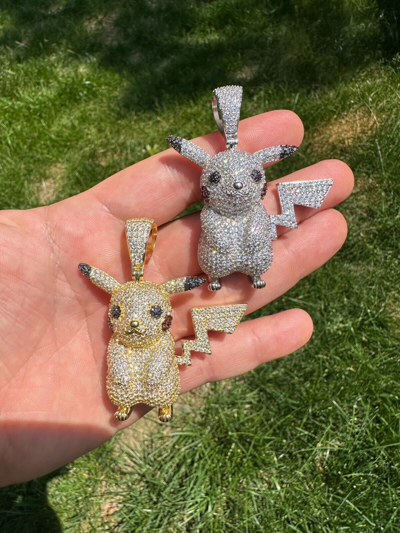 Pre-owned Harlembling Moissanite Real 925 Silver/gold Plated Iced Pickachu Pokemon Pendant Necklace In White