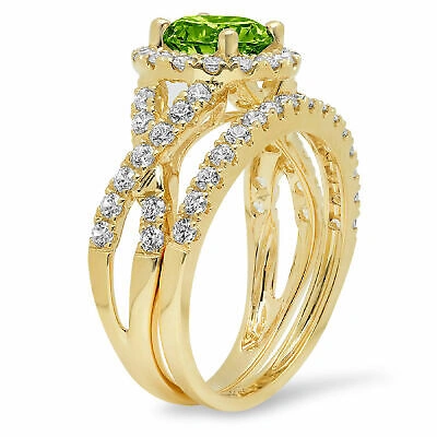 Pre-owned Pucci 2.40ct Round Halo Natural Peridot Wedding Statement Ring Set 14k Yellow Gold In Green