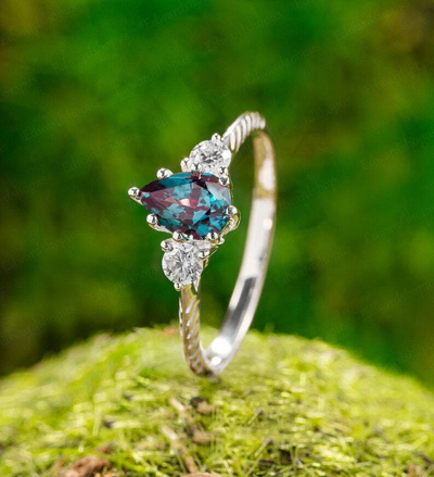 Pre-owned Handmade Pear Shaped Alexandrite Engagement Ring Vintage Women White Gold Engagement Ring In Blue