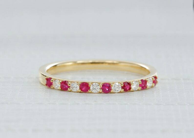 Pre-owned Handmade Ruby Diamond Alternating Ring Stack Bands Ring 14k Yellow Gold Gemstone Wedding In White