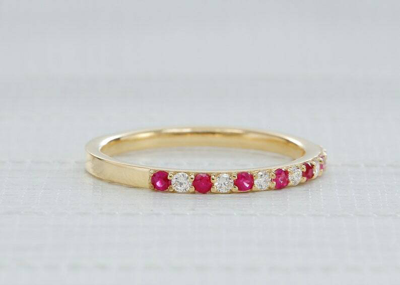 Pre-owned Handmade Ruby Diamond Alternating Ring Stack Bands Ring 14k Yellow Gold Gemstone Wedding In White