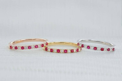 Pre-owned Handmade Ruby Diamond Alternating Ring Stack Bands Ring 14k Yellow Gold Gemstone Wedding In White