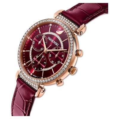 Pre-owned Swarovski Passage Chrono Watch Swiss Made, Leather Strap, Red, Rose Gold 5580345