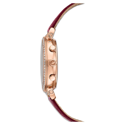 Pre-owned Swarovski Passage Chrono Watch Swiss Made, Leather Strap, Red, Rose Gold 5580345