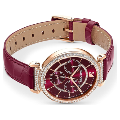 Pre-owned Swarovski Passage Chrono Watch Swiss Made, Leather Strap, Red, Rose Gold 5580345