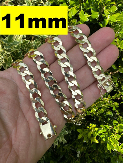 Pre-owned Silver Flat Curb Cuban Link Chain Necklace Real 14k Gold Plated 925  Box Clasp