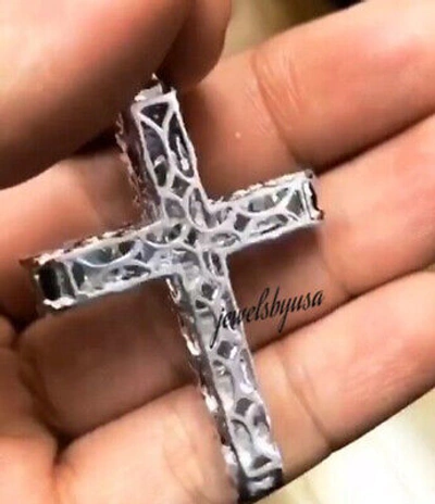 Pre-owned Nsg Real Moissanite Men's Floral Cross Pendant White Gold Plated Silver Free Rope