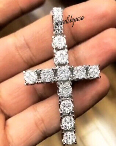 Pre-owned Nsg Real Moissanite Men's Floral Cross Pendant White Gold Plated Silver Free Rope