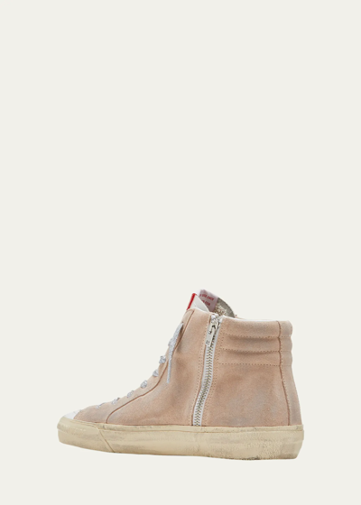 Pre-owned Golden Goose Slide Suede Glitter High-top Sneakers 4959 - Retail $715 In White