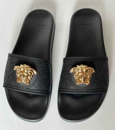 Pre-owned Versace $450  Gold Medusa Head Slides Sandaals Black 10 Us (40 Euro) Italy