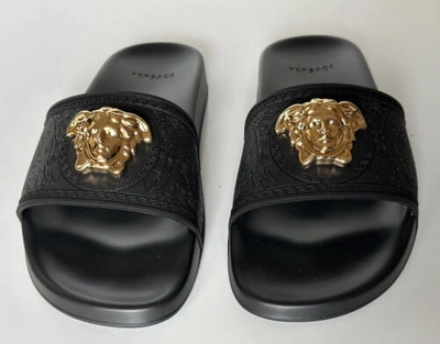 Pre-owned Versace $450  Gold Medusa Head Slides Sandaals Black 10 Us (40 Euro) Italy