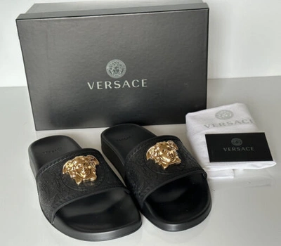 Pre-owned Versace $450  Gold Medusa Head Slides Sandaals Black 10 Us (40 Euro) Italy