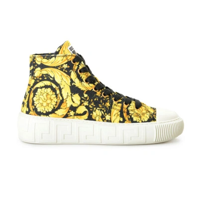 Pre-owned Versace Women's Barocco Print Canvas High Top Fashion Sneakers Shoes In Gold/black