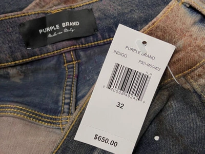 Pre-owned Purple Brand $650 Men's Blue Slim Paint Splatter Fit Skinny Jeans  Pants Size 32