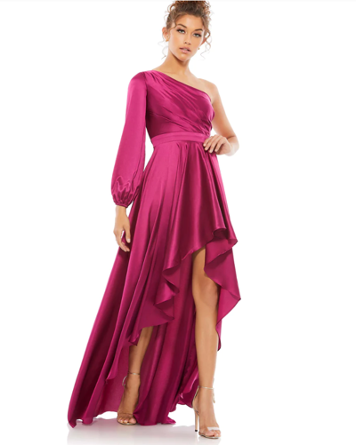 Pre-owned Mac Duggal High Low One Shoulder Flowy Gown Purple Berry Size 6 (49141)