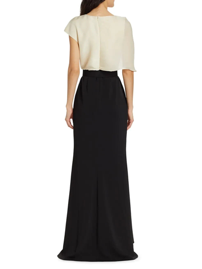 Pre-owned Badgley Mischka Bow-embellished Colorblocked Gown Sz 6 Black Modest Sleeve $990 In Black Ecru