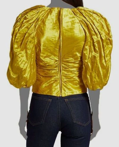 Pre-owned Ulla Johnson $795  Women's Yellow Vera Satin V-neck Puff Sleeve Ruched Top Size 8