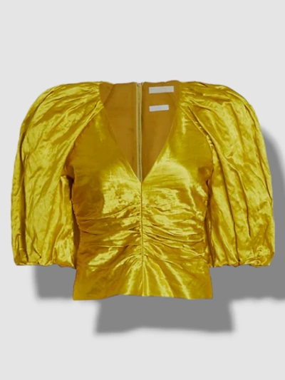 Pre-owned Ulla Johnson $795  Women's Yellow Vera Satin V-neck Puff Sleeve Ruched Top Size 8
