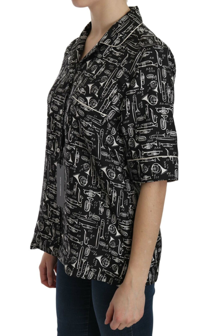 Pre-owned Dolce & Gabbana Blouse Black Musical Instrument Print Silk Top It46/us12/xl $980