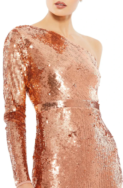 Pre-owned Mac Duggal Copper Sequin One-shoulder Long Sleeve Column Gown Size 6 $498