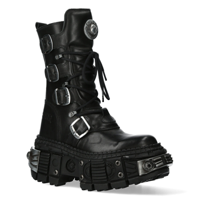 Pre-owned New Rock Rock Boots Wall1473-s11 Unisex Metallic Black Leather Platform Gothic Boots