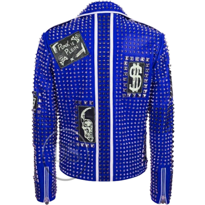 Pre-owned Handmade Men's Blue Color Silver Studded & Patches Genuine Leather Biker Jacket In Same As Shown In Picture