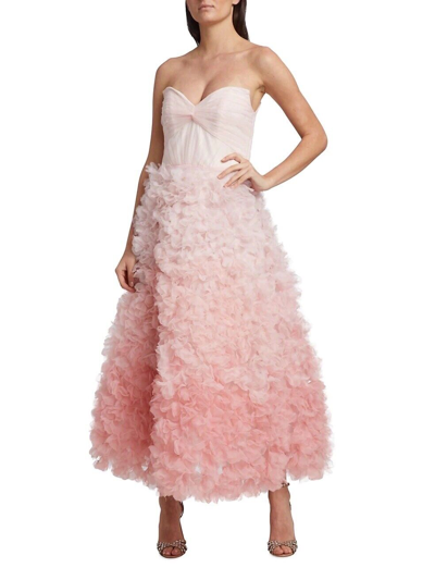 Pre-owned Marchesa Notte Strapless Ombre Tulle Midi Dress Pink Floral Size Us 8